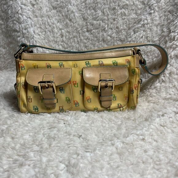 Dooney & Bourke oil cloth beige multi color logo  satchel cream leather trim - Picture 2 of 16